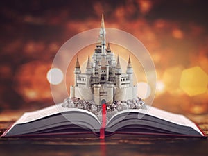 Open story book with fairy tale castle