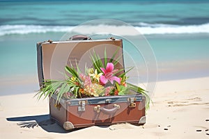 open suitcase on the beach, filled with tropical flowers