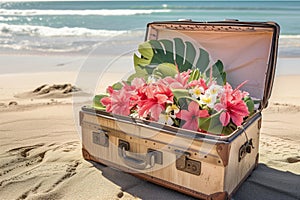 open suitcase on the beach, filled with tropical flowers