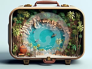 Open suitcase with exotic sea destination, summer vacation travel time, AI generated