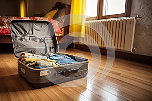 Open suitcase full of clothes on the floor in bedroom