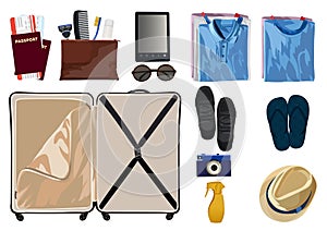 Open suitcase fully packed with folded men`s clothing and accessories on the floor. Set. Vector illustration.