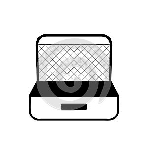 open suitcase icon, retro luggage symbol, black and white simple vector illustration