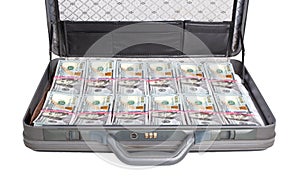 Open suitcase with money dollars on a white background. Healthcare and pharmaceutical spending concept, isolate
