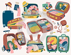 Open suitcases with things flat icons set. Different things for travelling. Sunscreen, leather bag, sandals