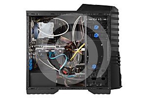 Open system unit isolated, computer case with side panel detached, letting you see all the gaming components inside, including gra