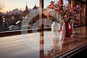 Open tabletop against blurred kitchen windowÅ¸??perfect canvas for versatile creative arrangements photo