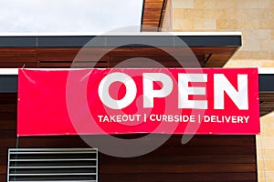 Open for takeout, curbside and delivery outdoor advertisement banner