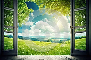 Open terrace doors in front of which open a beautiful green meadow of new ideas and possibilities. Future concept, start up