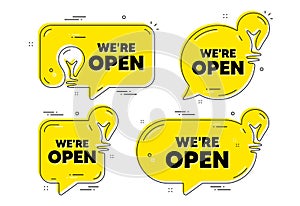 We are open text. Promotion new business sign. Vector