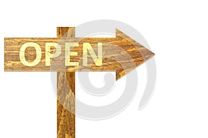 Open text on wooden arrow Sign in white Background