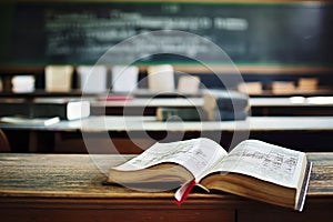 Open textbook on a desk with chalkboard behind