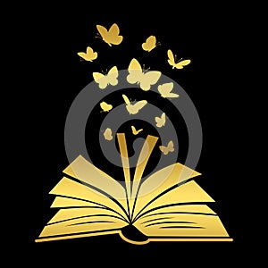 Open textbook with gold butterfly