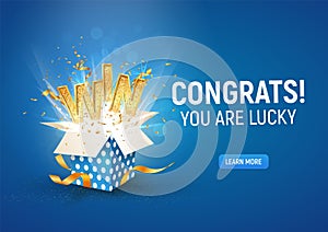 Open textured blue box with confetti explosion inside and win gold word on blue background horizontal illustration