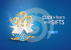 Open textured blue box with question signs and confetti explosion inside and on blue background. Winning gifts lottery