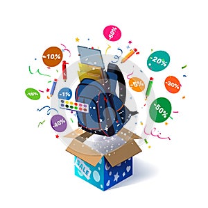 Open textured box with school backpack and confetti explosion inside and on white background