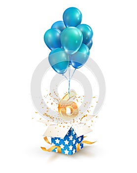 Open textured gift box with number 6 th flying on balloons. Six years celebrations. Greeting of sixth anniversary isolated vector