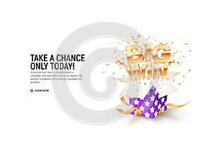 Open textured violet box with confetti explosion inside and big win gold word on white background. Gambling vector