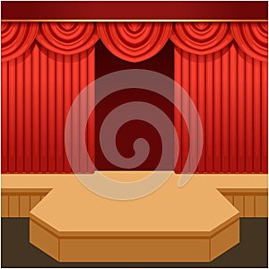 Open theater scene with red curtain and fashion podium.