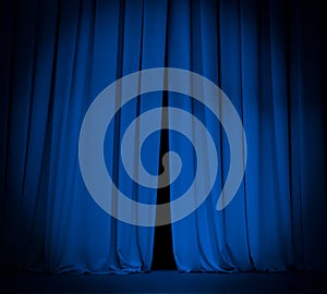 Open theater stage blue curtain with spotlight