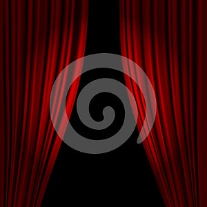 Open theatrical stage curtain. Realistic circus or opera curtains, stage red dramatic drapery. Scarlet velvet curtains