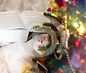 open thick book near christmas tree with lights
