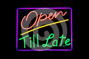 Open till late neon sign photo