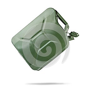 Open tilted fuel old green metal canister, side view, isolated on a white background.