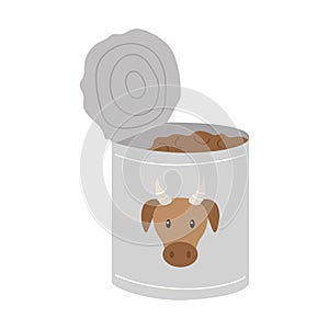 An open tin can with beef stew. Food, dry rations for field conditions, camping, hiking, traveling. Flat vector illustration