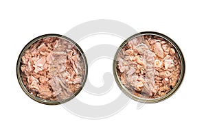 Open tin can with canned tuna fish. Isolated on white background.