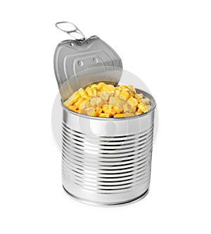 Open tin can of corn kernels isolated