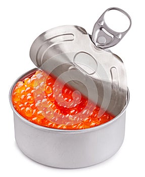 Open tin can full of red caviar on white background. File contains clipping path.