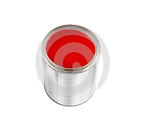 Open tin can with red paint isolated on white