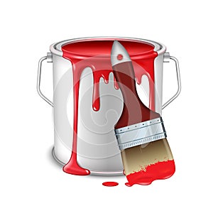 An open tin can with spilled red paint and a brush smeared in paint.