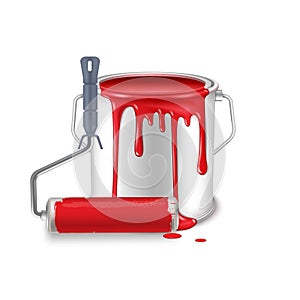 An open tin can with spilled red paint and a roller brush smeared in paint.