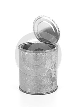 The open tin can on a white