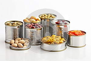 Open tin cans with different food. Generate Ai