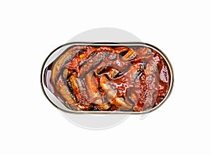 Open tin jar of canned golden smoked Baltic sprats  in tomato sauce.