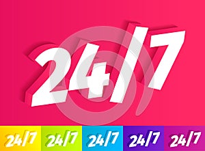 Open 24 to 7 Icon. White single word on pink. A set of different colors yellow green blue purple. 24 hour support. Vector color photo