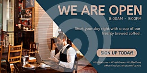 We are open, 8am to 9pm, sign up today text over caucasian man talking on phone in restaurant photo