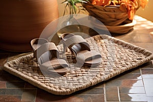 open-toed spa slippers on a woven, earth-toned bath mat