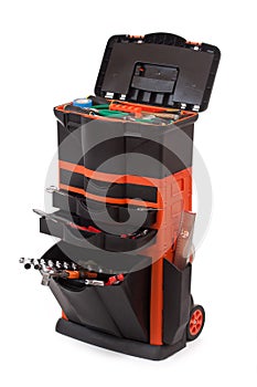 Open tool box with tools