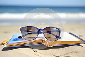 an open travel guide with beach sunglasses