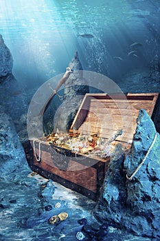 Open treasure chest with bright gold underwater