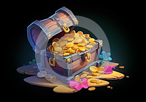 Open treasure chest filled with gold coins, against black background, cartoon illustration