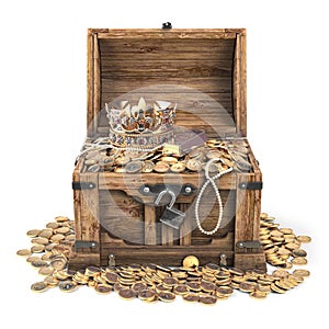 Open treasure chest filled with golden coins, gold and jewelry isolated on white background