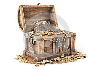 Open treasure chest filled with golden coins, gold and jewelry isolated on white background photo