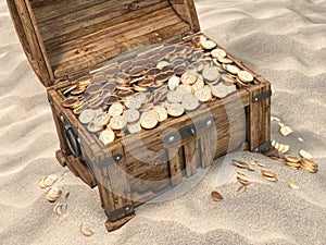 Open treasure chest full of golden coins on sandy beach. Wealth and treasure concept