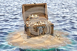 Open treasure chest full of golden coins on sandy island. Wealth and treasure concept