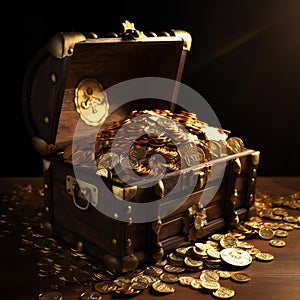 Open treasure chest with gold coins on wooden table against a black background. Created with generative AI.